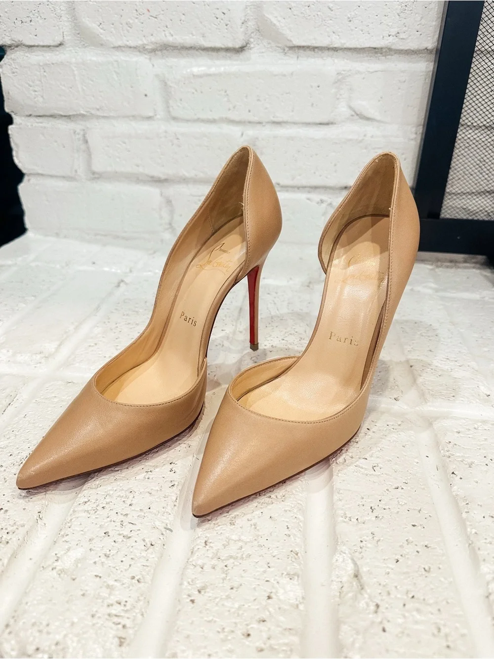 Christian Louboutin Iriza, Blush, Nude Leather Pointed-Toe Pumps with Red Soles